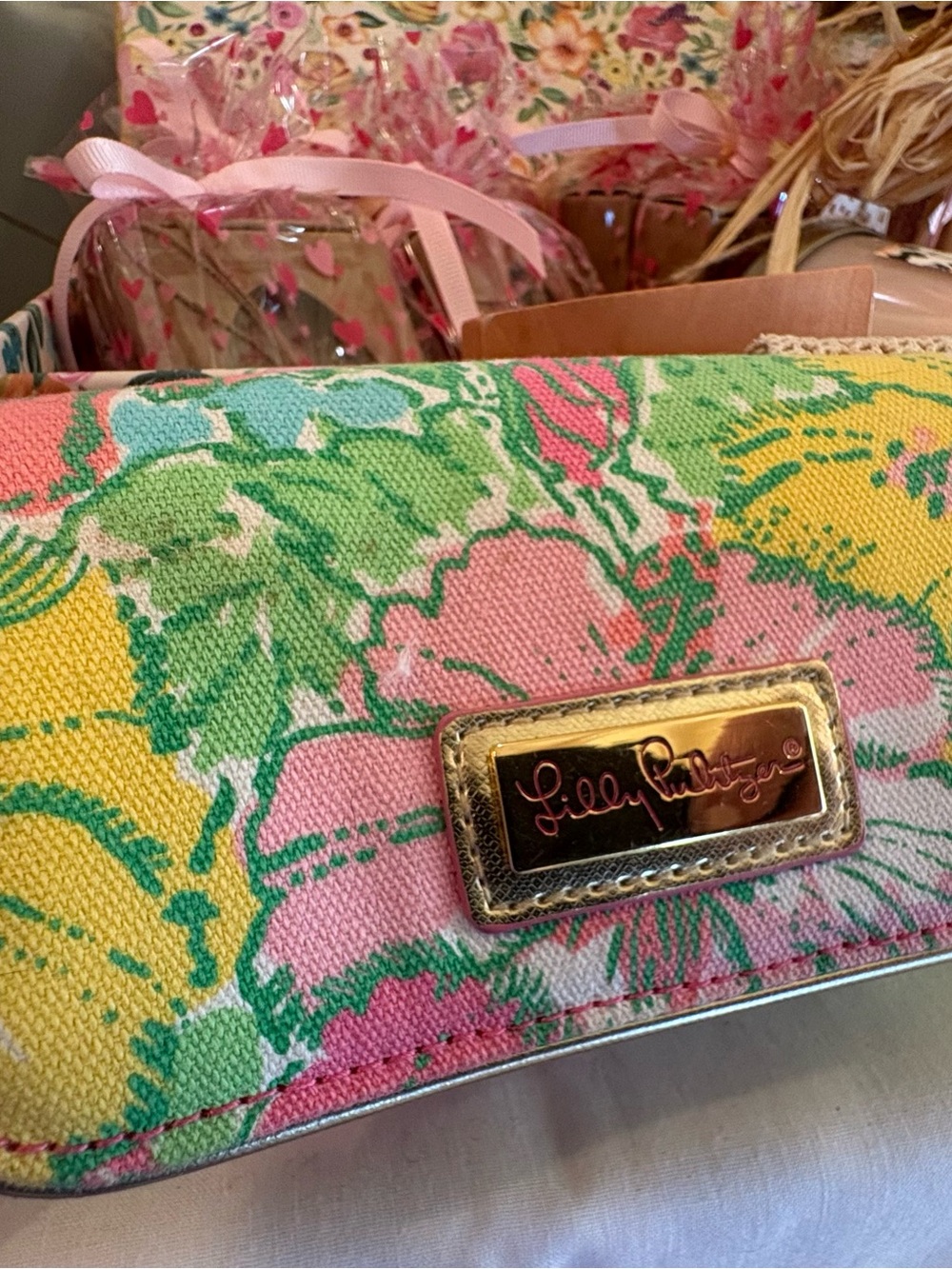 Lilly Pulitzer Multicolor Floral Canvas Cosmetic Wristlet with Gold Plaque